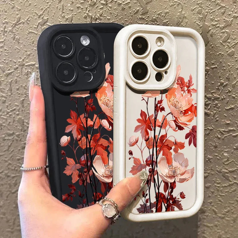 Red Flowers Print Silicone iPhone Case (11-17 Pro Max)