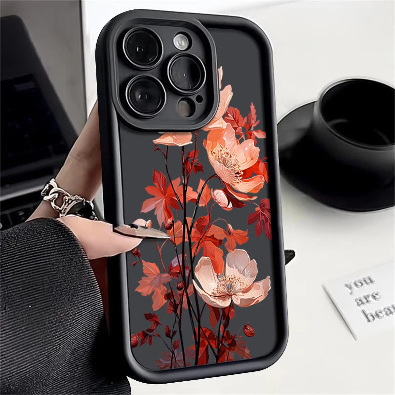 Red Flowers Print Silicone iPhone Case (11-17 Pro Max)