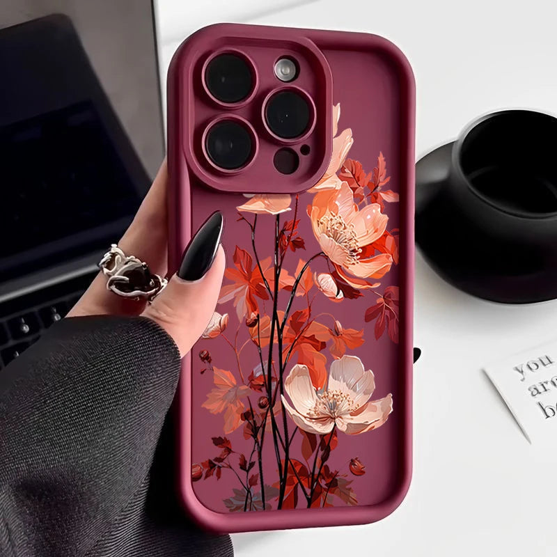 Red Flowers Print Silicone iPhone Case (11-17 Pro Max)